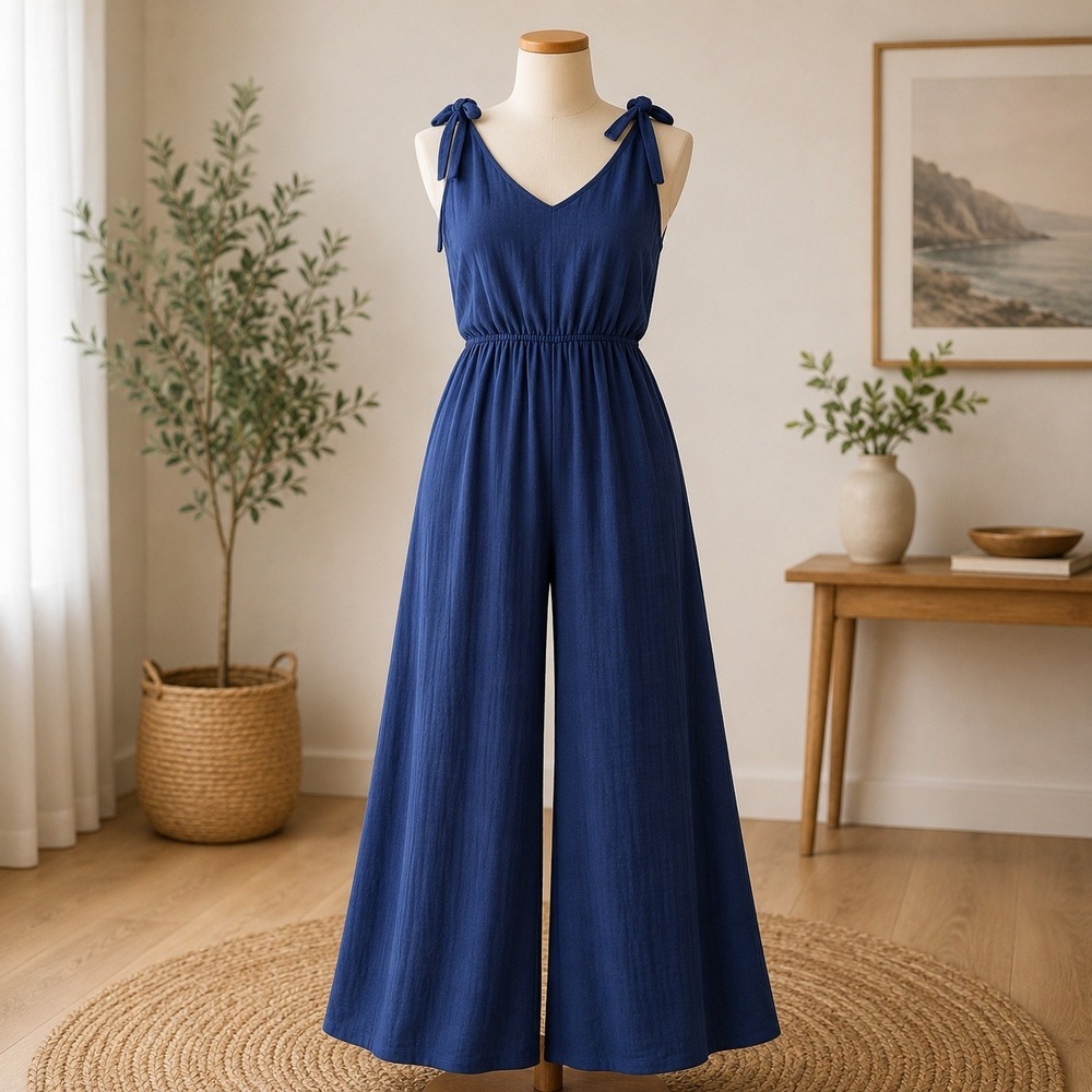 NWT Cupshe Jumpsuit Womens Large Blue V-Neck Wide Leg Sleeveless CAA13E4M003HH